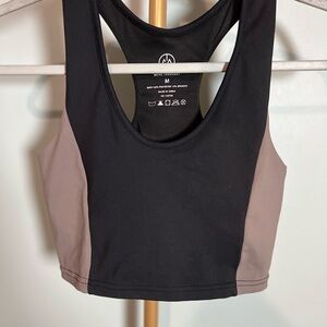 Move Theology Black Tan Sports Bra with Wide Straps and Moisture-Wicking Fabric